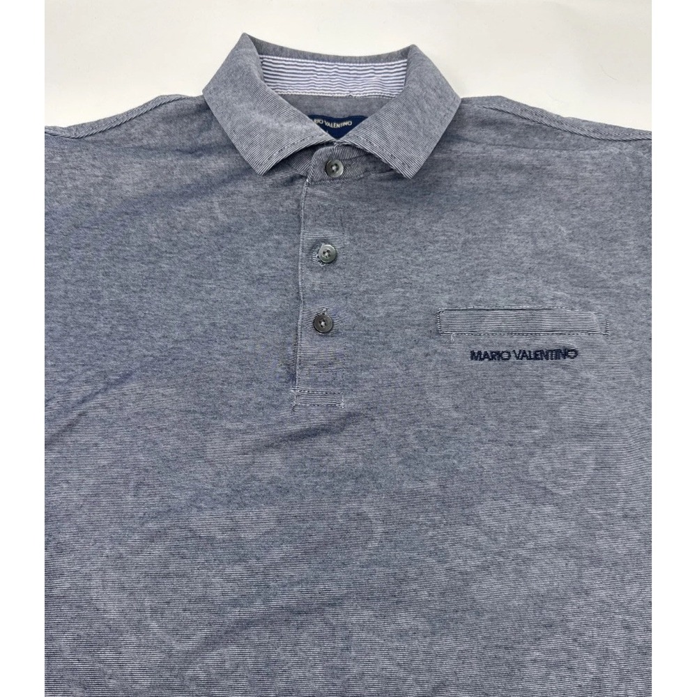Mario Valentino Polo‎ Shirt Mens Large Blue Paisley Jacquard Micro Stripe Pocket